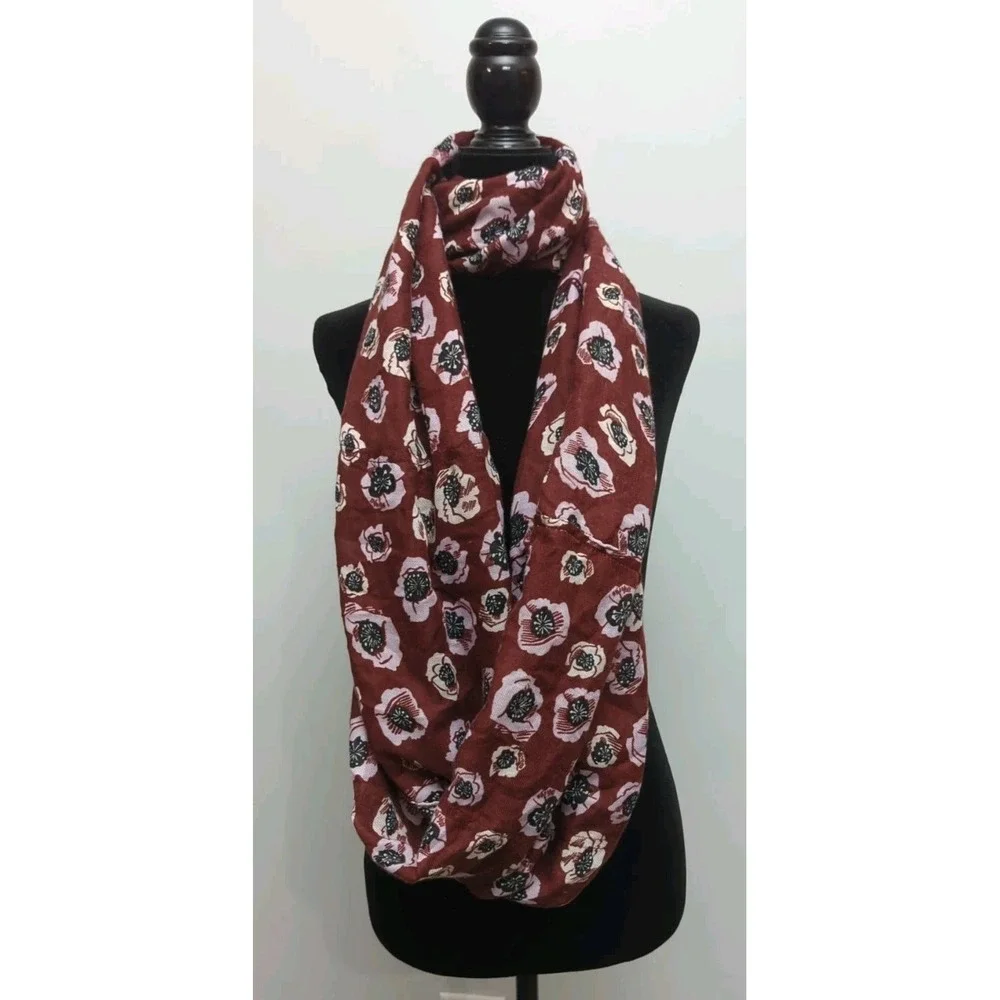 L1 LOFT Floral Infinity Scarf OS Lightweight OS Burgundy Poppy  Casual Preppy